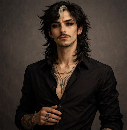 A man with tattoos in a black button-down shirt, smirking.